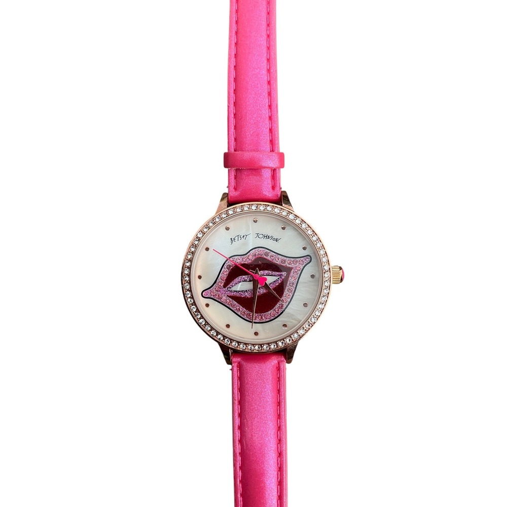 Betsey Johnson Pink Lips Crystal Bezel Rose Gold Watch BJ00517-101 New